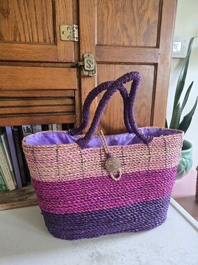 Woven Straw Tote Bag in Purple and Pink